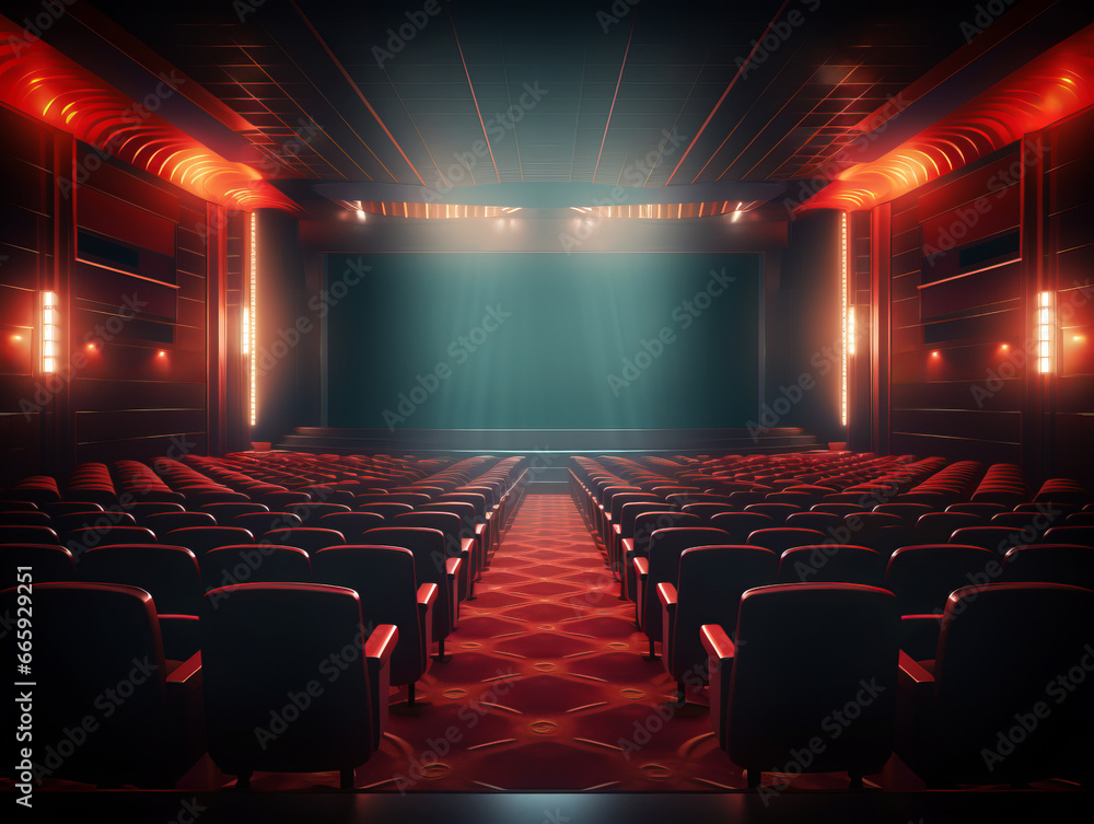 Poster empty cinema auditorium with red seats and spotlights. generative ai