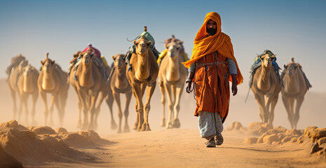 man in ethnic attire leading camels through a desert