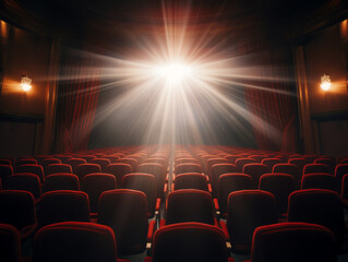 Fototapeta na wymiar Movie or theater auditorium with red seats and spotlights. Cinema background. Generative AI