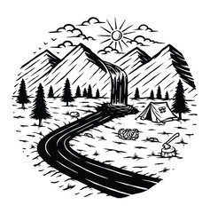 beautiful view of mountains and waterfalls line illustration