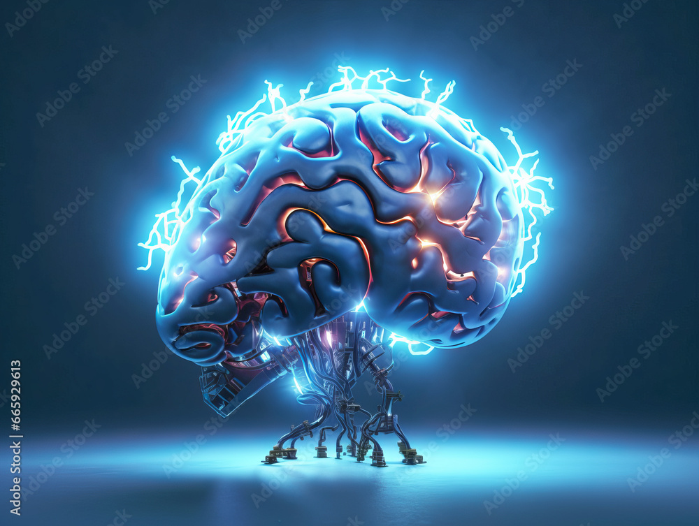 Poster human brain with glowing light effect on dark background. artificial intelligence concept. generativ