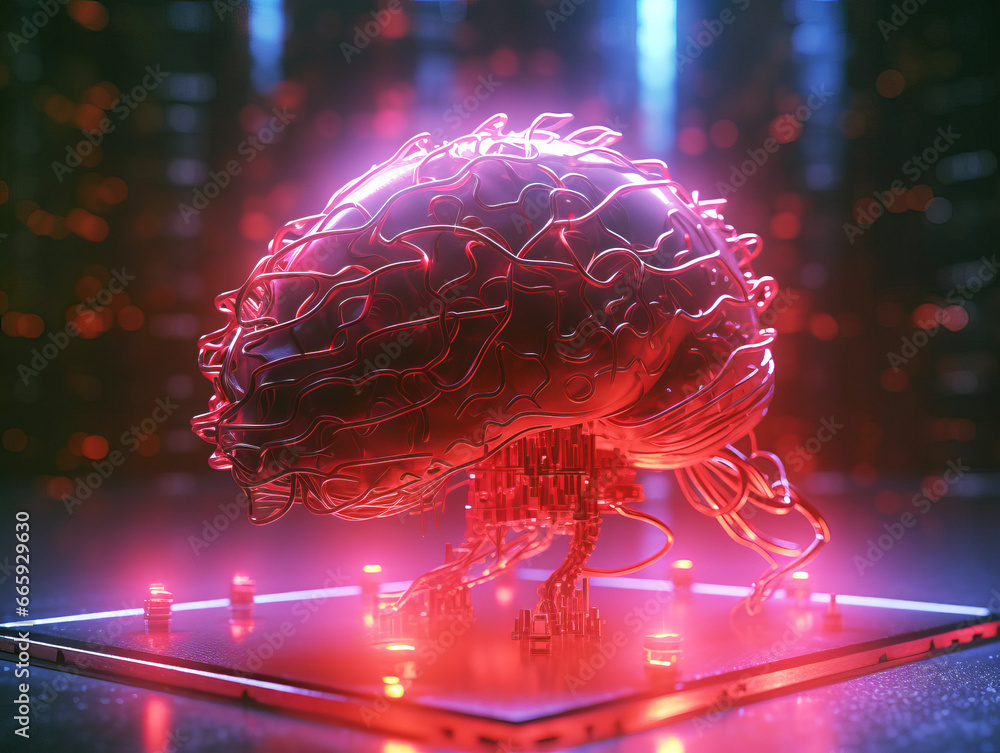 Poster human brain with red glowing light in the background. neural network concept. generative ai