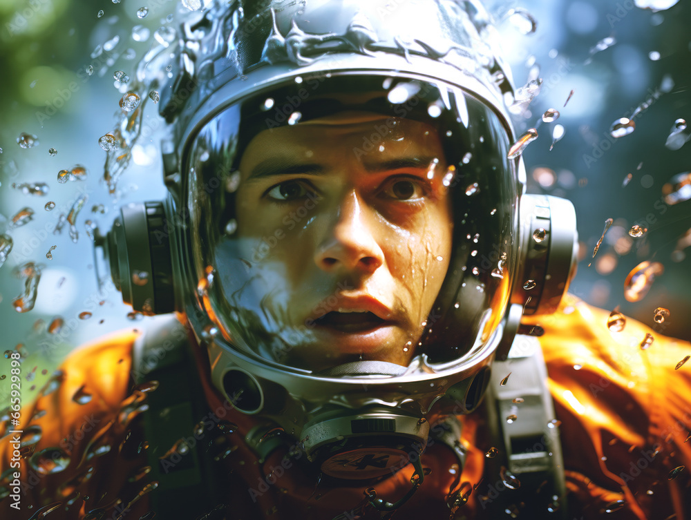 Aufkleber Portrait of a man in an astronaut helmet with water drops. Generative AI