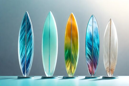 Design an image of a small glass surfboard with delicate, crystalline fins and a smooth, transparent surface