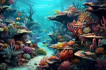 Obraz na płótnie Canvas A beautiful scene of lakes, sea, coral reef, and diverse marine organisms. Generative AI