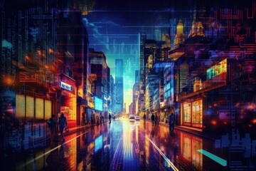 Naklejka premium artificial intelligence AI data city with neon light background