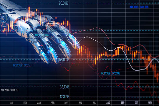 Robot hand with falling stock market chart on digital screen background. Generative AI
