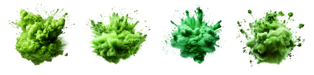 Set of powder explosion green ink splashes, Colorful paint splash elements for design, isolated on white and transparent background - obrazy, fototapety, plakaty
