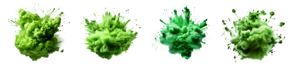 Gordijnen Set of powder explosion green ink splashes, Colorful paint splash elements for design, isolated on white and transparent background © Black Pig