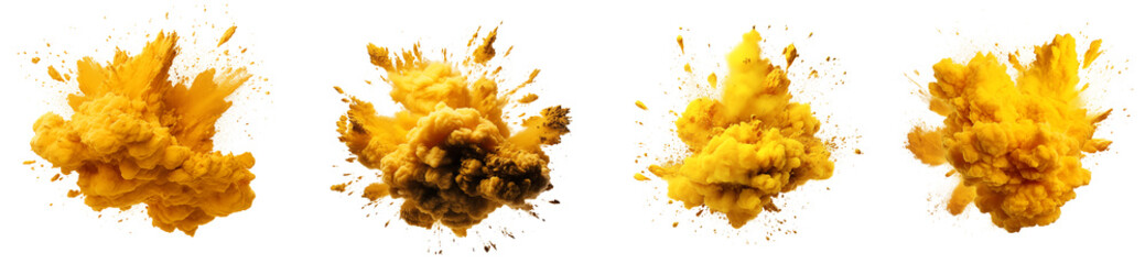 Set of powder explosion yellow ink splashes, Colorful paint splash elements for design, isolated on white and transparent background - obrazy, fototapety, plakaty