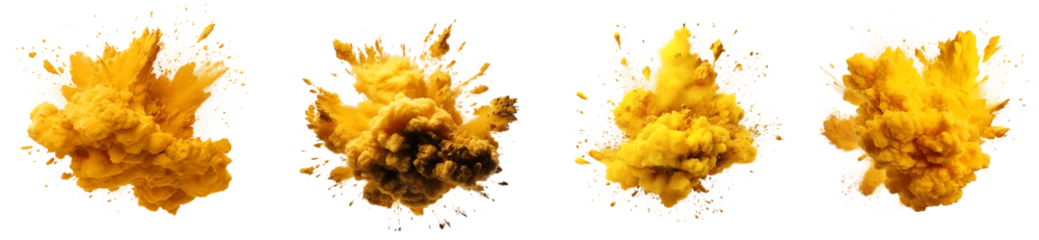 Schilderijen op glas Set of powder explosion yellow ink splashes, Colorful paint splash elements for design, isolated on white and transparent background © Black Pig