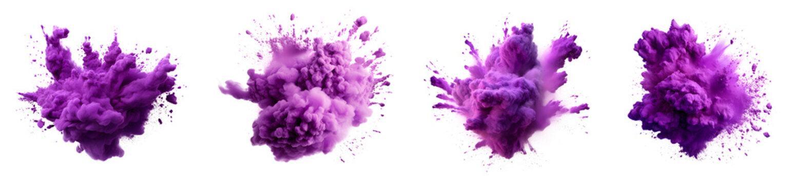 Set of powder explosion purple ink splashes, Colorful paint splash elements for design, isolated on white and transparent background