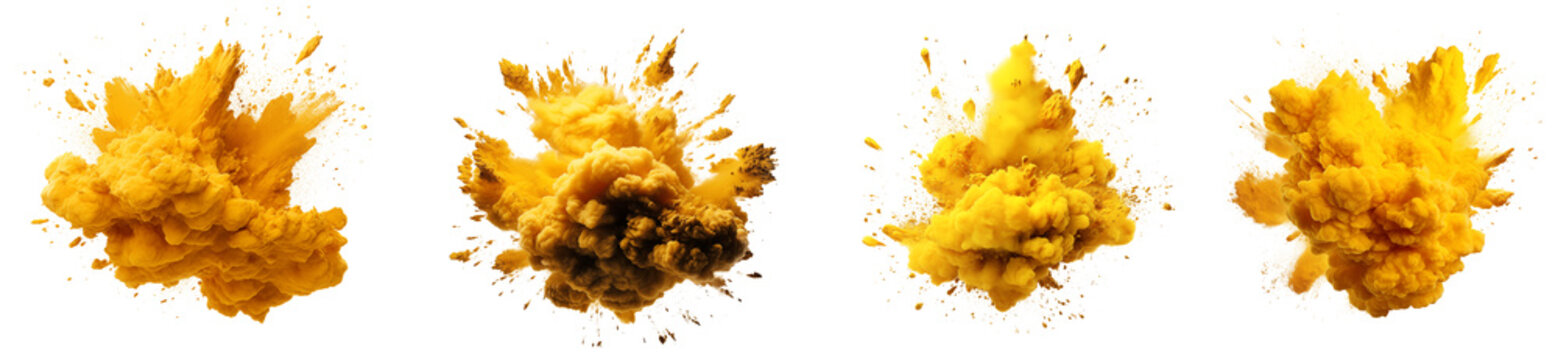 Set of powder explosion yellow ink splashes, Colorful paint splash elements for design, isolated on white and transparent background