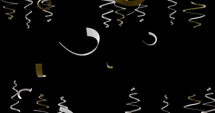 Animation of gold and silver party streamers on black background