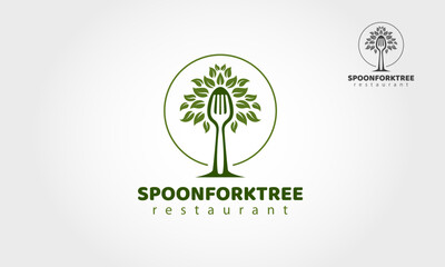 Spoon Fork Tree Restaurant Vector Logo Illustration. Creative food logo elements design with spoon, fork and tree. Creative Organic Food Logo Template.