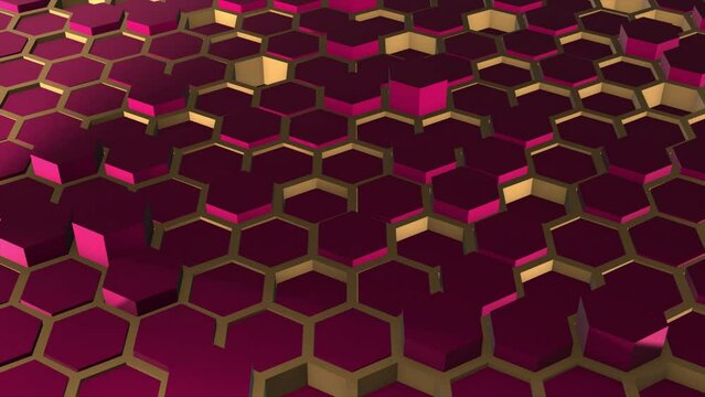 Simple 3d Magenta red hexagonal geometrical shapes with golden boundary luxury futuristic background