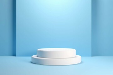 Studio template and white round shape pedestal on light blue background with spotlight product shelf, Blank studio podium for product advertising, 3D