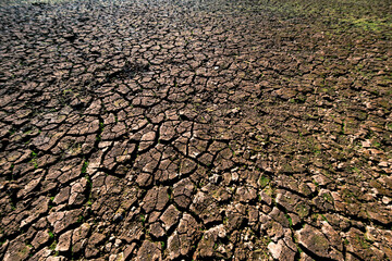 Cracked soil layer of a dried lake. Desertification, drought, climate crisis, ecological...