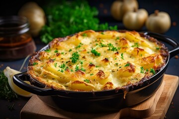 Delicious potato gratin shepherds pie topped with cheese. Generative AI - obrazy, fototapety, plakaty