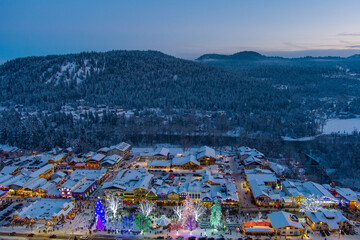 Aerial view of Leavenworth at sunset in December