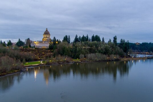 The Olympia, Washington Capital building at sunset in December