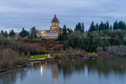 The Olympia, Washington Capital building at sunset in December