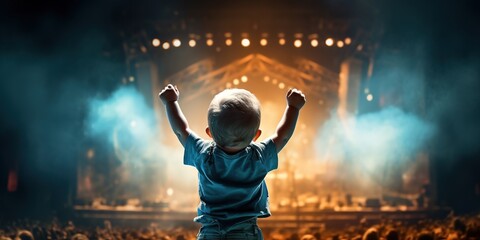 A cheering toddler with raised arms as a rock star on stage, copy space