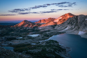 Mountain lakes and peaks at sunrise