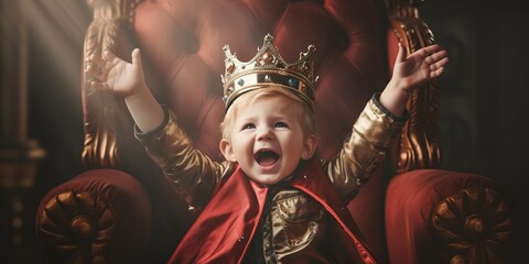 A cheering toddler with raised arms as king on a throne, copy space