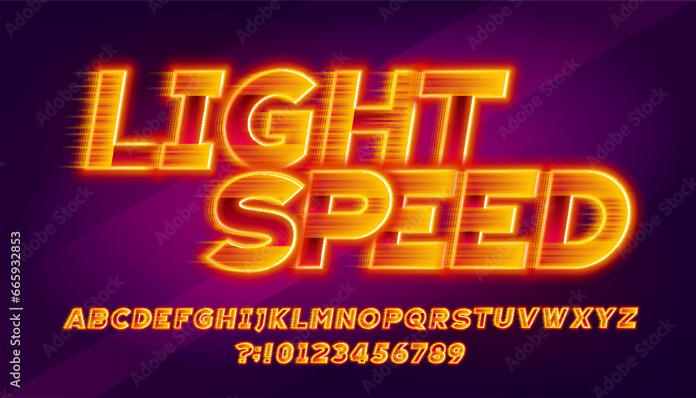 Poster light speed alphabet font. bright neon letters and numbers with a high speed effect. stock vector ty