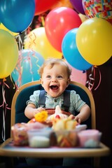 Fototapeta na wymiar A delighted toddler in a high chair, smeared with birthday cake, wide-eyed and surrounded by colorful balloons and party decorations, copy space