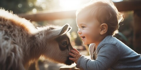A thrilled toddler at a petting zoo, gently patting a baby goat, with both displaying curiosity and joy in their eyes, copy space

