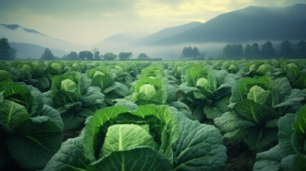 Background witn Big cabbage field. Ripe harvest on a Farm or Greenhouse. - obrazy, fototapety, plakaty