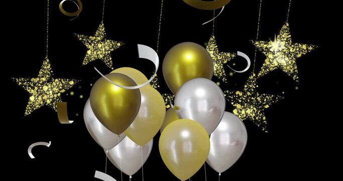 Animation of gold and silver balloons with party streamers on black background