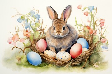 A watercolor bunny with eggs. Generative AI