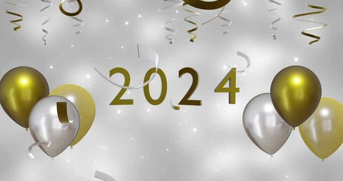 Animation of 2024 text, gold and silver streamers and ballons on white background