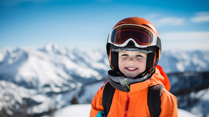 Fototapeta na wymiar Portrait of a happy, smiling child snowboarder against the backdrop of snow-capped mountains at a ski resort, during the winter holidays.