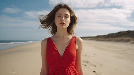 Gorgeous girl in the sunny exotic beach by the ocean. The young woman wears amazing red dress aflutter in the light breeze, backside view; vogue concept.
