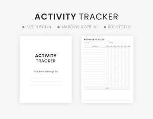 Printable Weekly Activity Tracker Log Book Template Design. Minimalist Daily Track Activities Low Content Planner Book Design - obrazy, fototapety, plakaty