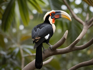 Naklejka premium Hornbills are a family of bird found in tropical and subtropical Africa, Asia and Melanesia. They are characterized by a long, down-curved bill which is frequently brightly coloured and sometimes has 
