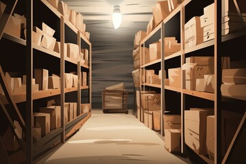 Illustration of a storage room with shelves. Generative AI