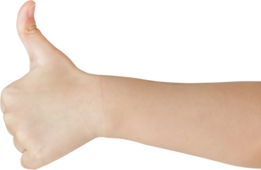 Kid hand gesture thumb up sign isolated on white background