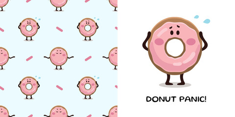 Donut in panic in cartoon style for designing baby clothes. Postcard with Pink Doughnut and seamless pattern, lettering. Cartoon Bohemian nursery print. Kids design for pajamas. Vector illustration.