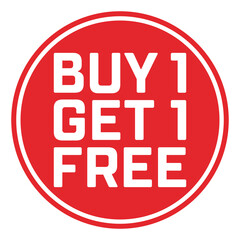 Buy 1 Get 1 Free. White sale sign on red round background. Deal promotion label.