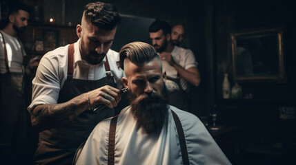 Barber using scissors and comb. Man with beard getting haircut in barber shop. Modern hair salon concept.