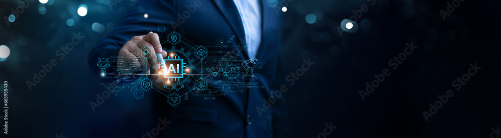 Poster Ai technology, Artificial Intelligence. Businessman using technology smart robot AI and enter command prompt of data serching for business and marketing, Analyze customer, Chat bot Technology.