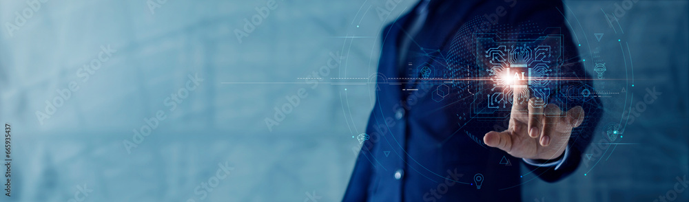 Fototapete Artificial intelligence, AI, Machine learning, Businessman touch a circuit board electronic PCB circuit on global network cyberspace, Science and technology of deep learning.