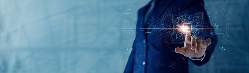 Artificial intelligence, AI, Machine learning, Businessman touch a circuit board electronic PCB circuit on global network cyberspace, Science and technology of deep learning.