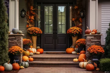 Fototapeten Halloween pumpkins jack o' lanterns, flowers and chairs on front porch, exterior home decor, seasonal decorations, gray and white © Sameer designz