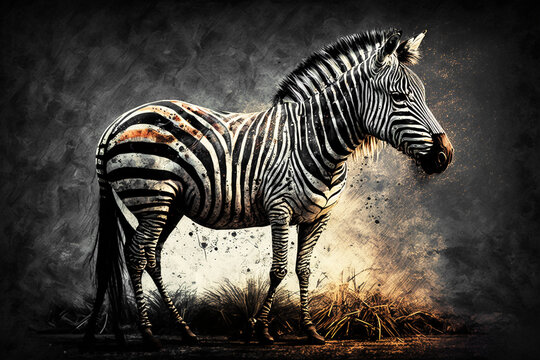 Zebra among the grass on the dark bck. Generative AI	